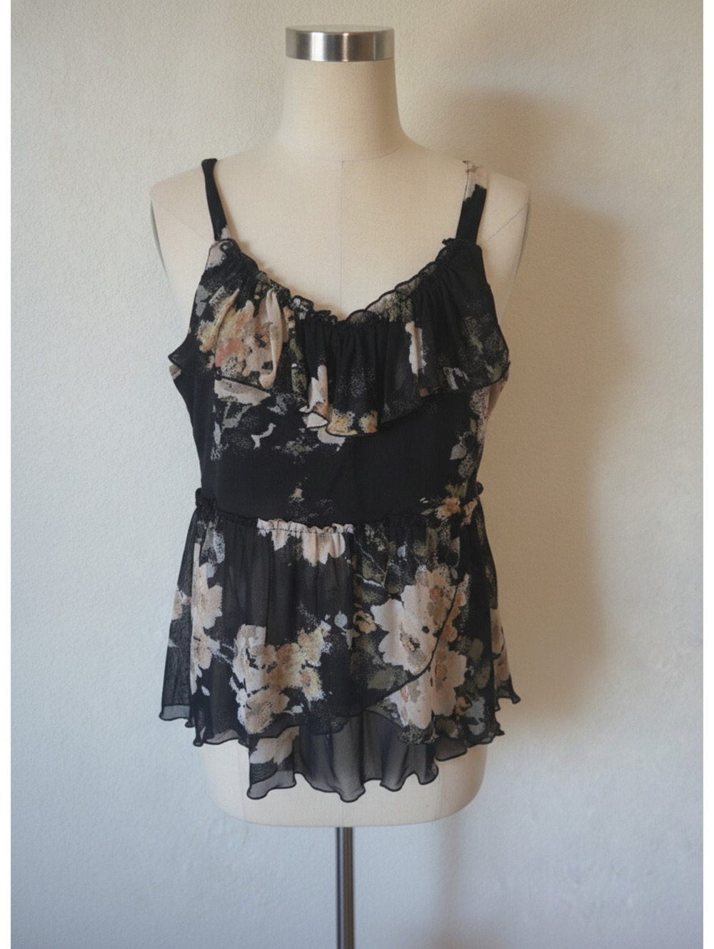 American Rag Medium Black Floral Sheer Ruffle Camisole Top w/ Adjustable Straps